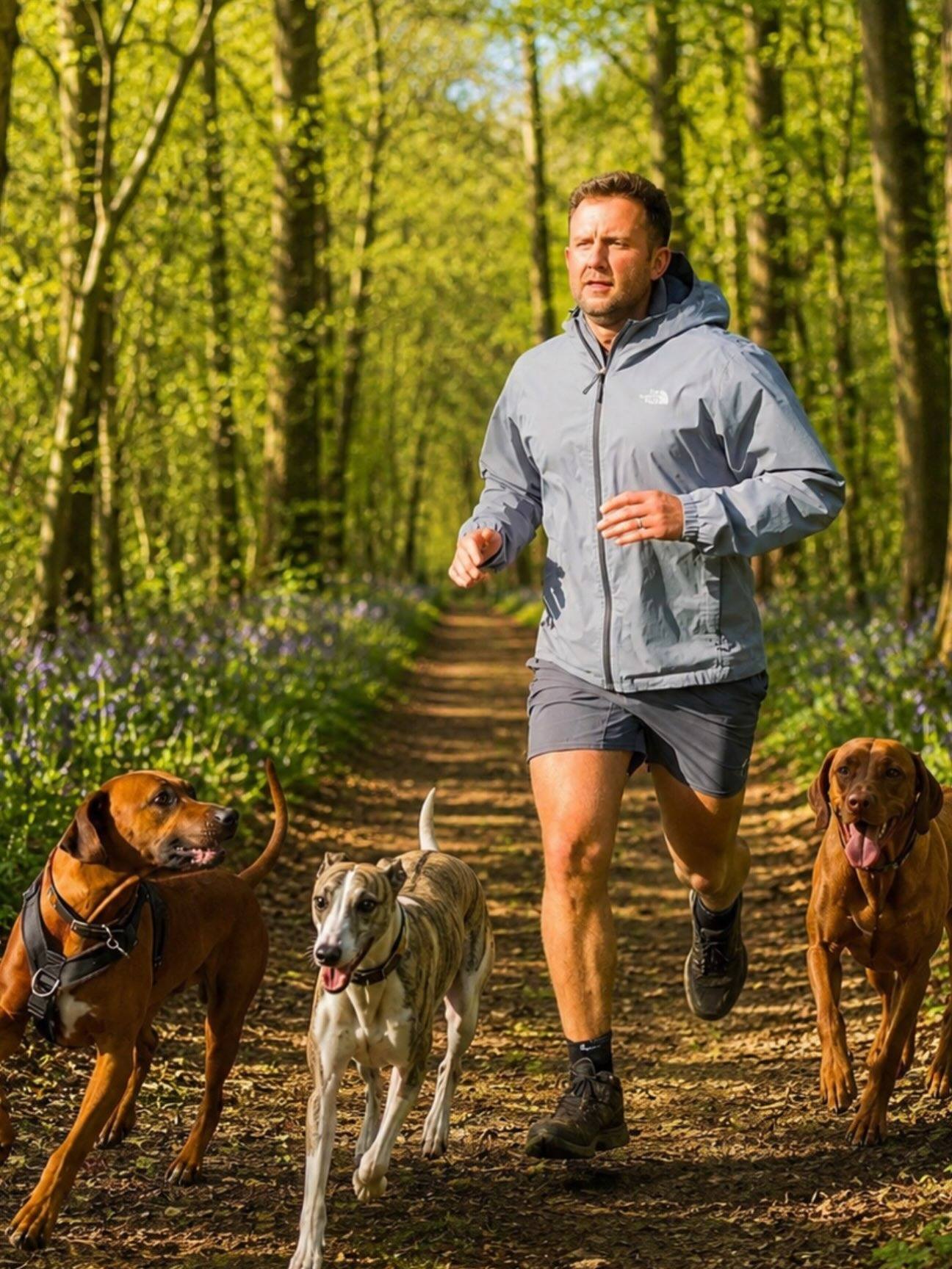 Hugo running along a bluebell-lined woodland track with three dogs beside him.