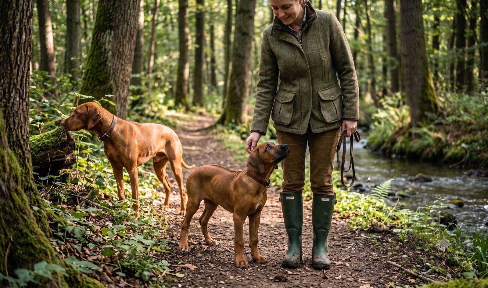Two dogs on a woodland path beside a stream, one looking up at the person walking them.